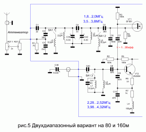 Принципиальная схема ВЧ блока двухдиапазонного приемника на 80 и 160м US5MSQ