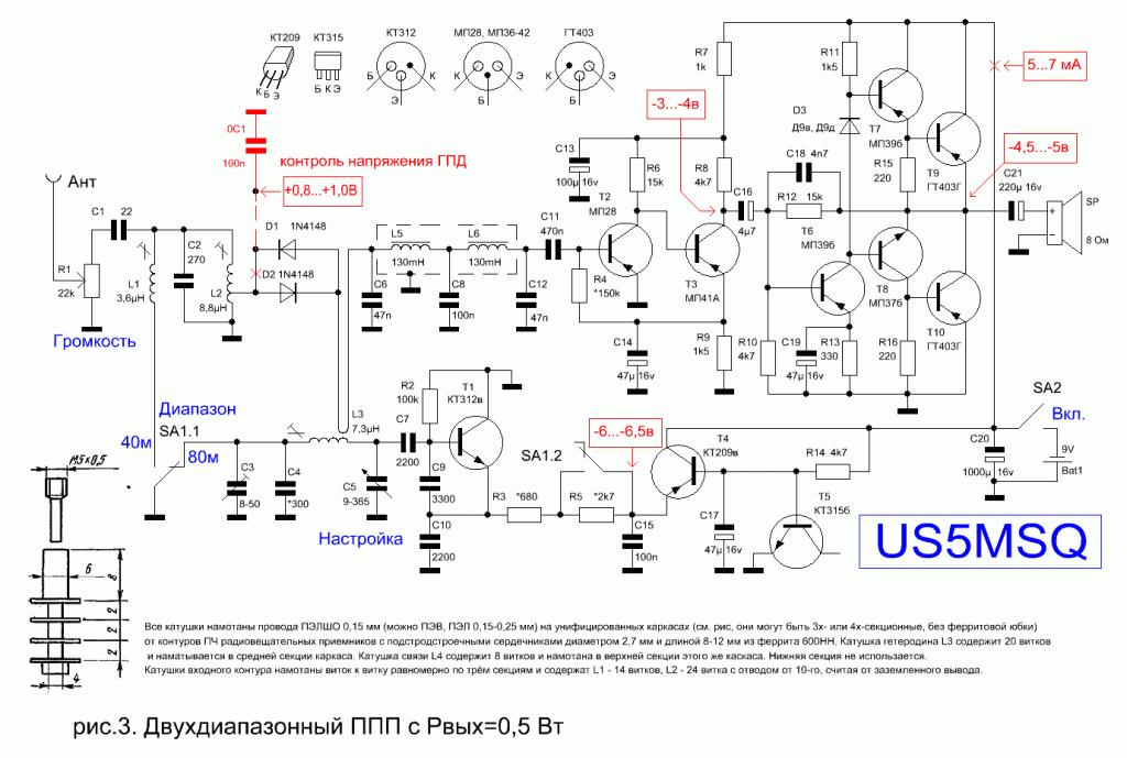 рис.2 Двухдиапазонный ППП US5MSQ с Рвых 0,5 Вт